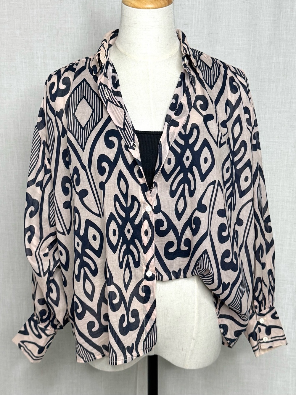 NIU Italy Sheer Cotton Ikat Print Button Up Blouse Black Cream Size Small